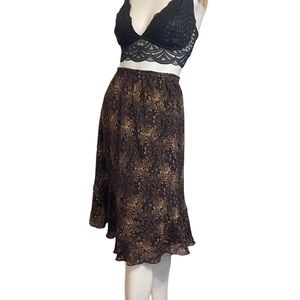 Vintage 90s Y2K Brown Floral Print FairyCore Ruffle Hem Pull On Skirt Sz S/M